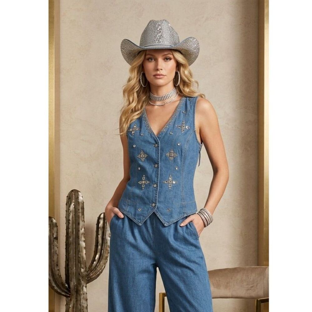 90s Western Studded Denim Vest Wide Leg Vtg Retro Texas Cowgirl Jumpsuit Romper
